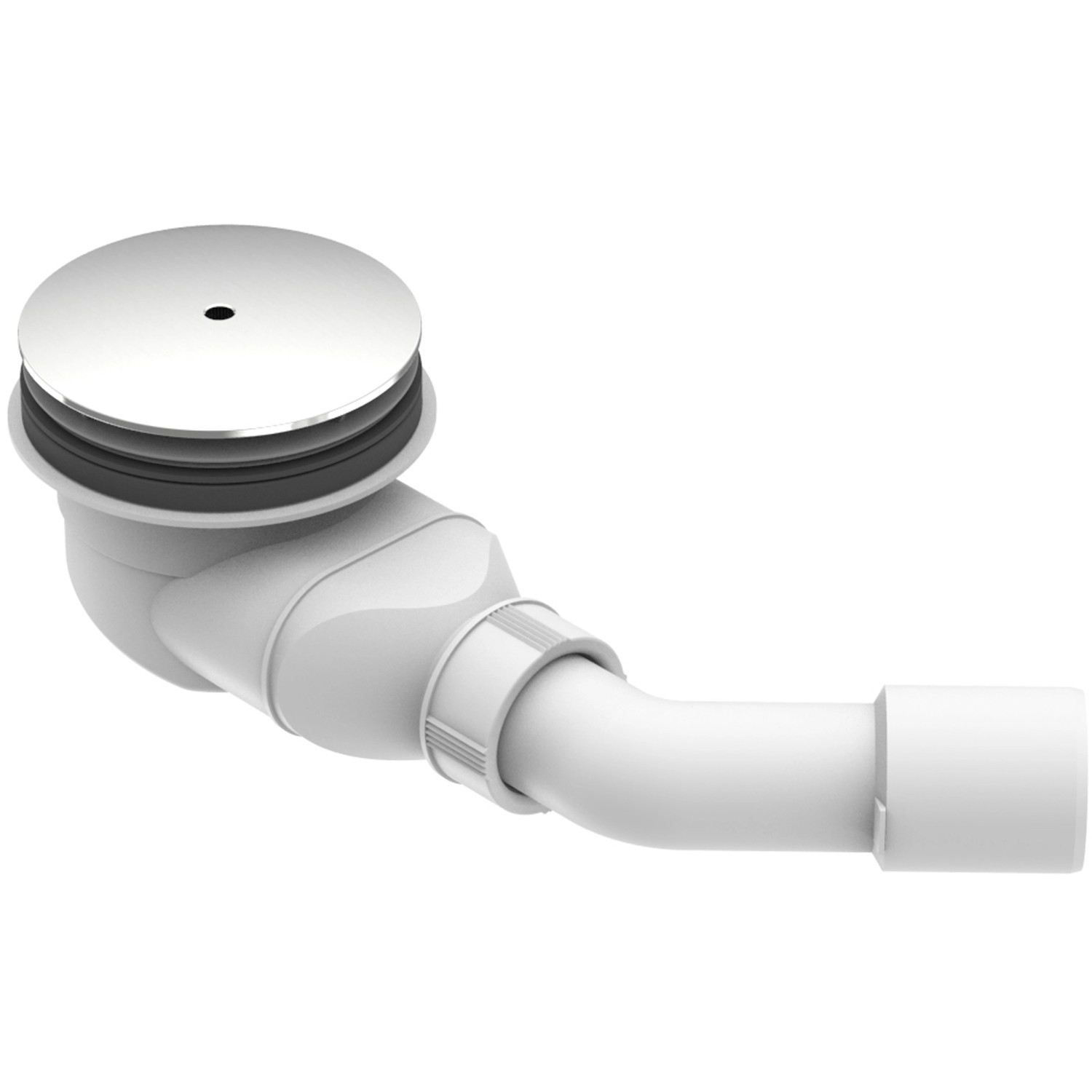 Ablaufgarnitur für Ottofond Duschwanne, chromfarbene Abdeckung, weißes Rohr.