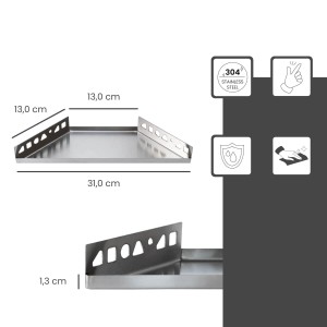 Dalsys befliesbare Duschablage, 310x130mm, Edelstahl Silber, mit Maßangaben.