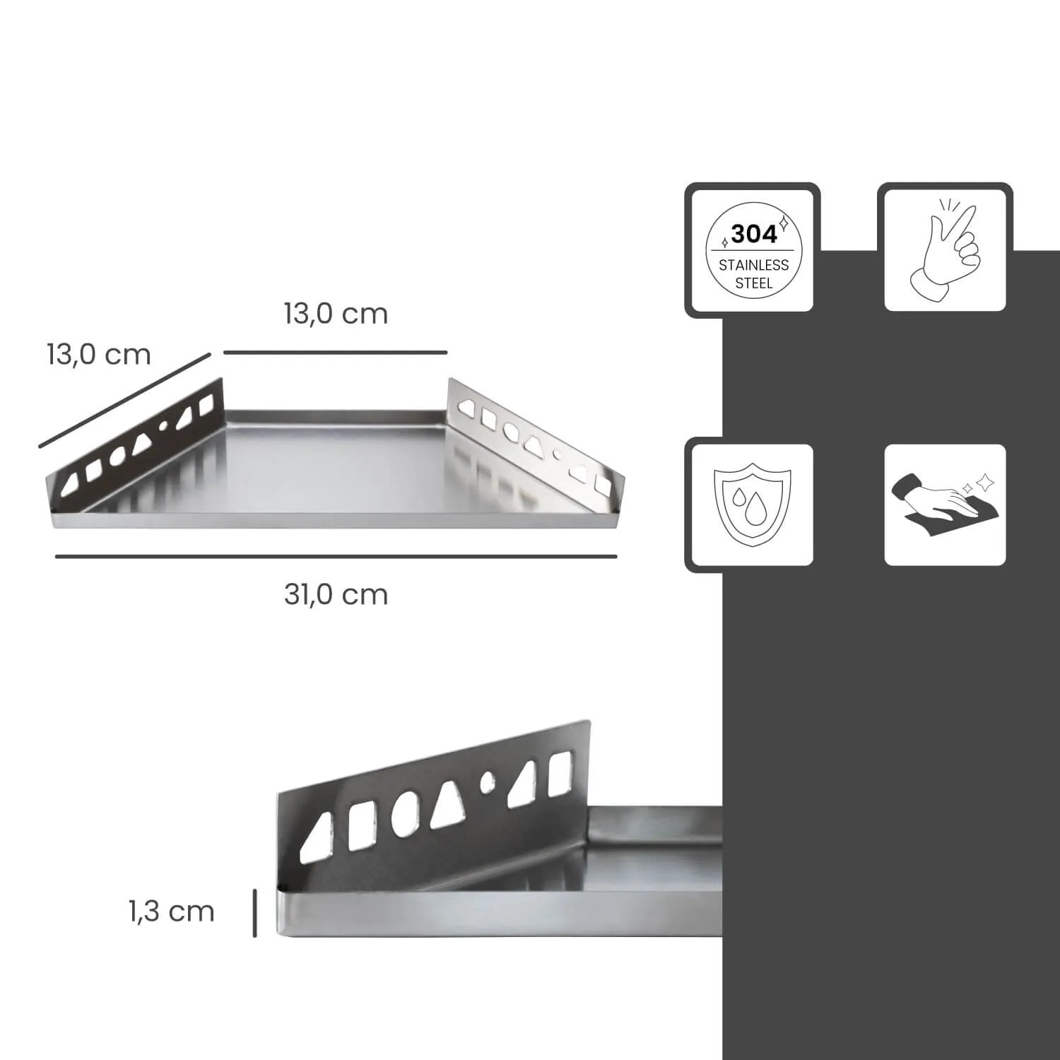 Dalsys befliesbare Duschablage, 310x130mm, Edelstahl Silber, mit Maßangaben.