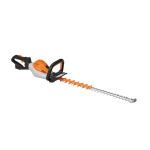 Stihl Akku-Heckenschere HSA 130 T, orange-weiß, mit 60 cm Schnittlänge und doppelseitigem Messer für präzise Schnitte.