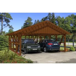 Skan Holz Carport Schwarzwald in Nussbraun mit Dachlattung und Abstellraum für zwei PKW.