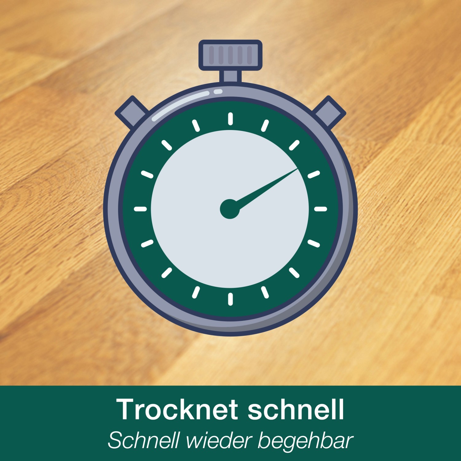 Schnell trocknender Parkettlack: Stoppuhr-Symbol auf Holzoberfläche.