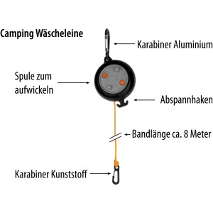 Calima Aufroll-Wäscheleine mit 8 m Leine, ideal für Camping und Reise.