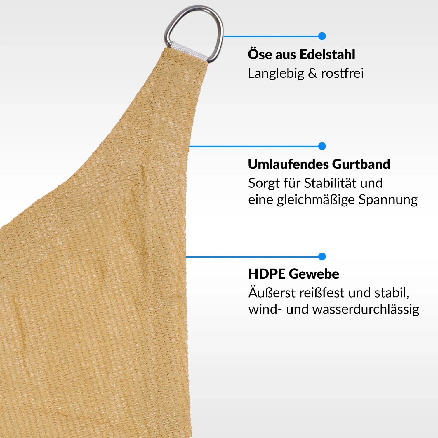 Detailaufnahme Sonnensegel Toldoro, rechteckig, 4x3m, sandfarben, mit Edelstahl-Öse und HDPE-Gewebe.