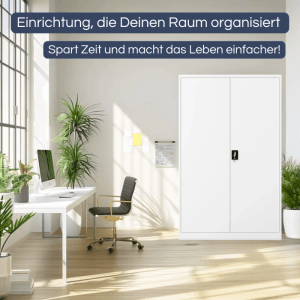 Weißer DELUKE Aktenschrank (185x115x60cm) im Büro. Abschließbarer Metallschrank mit 5 Ebenen.