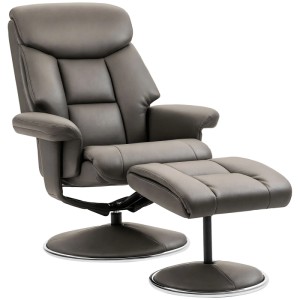 Eleganter grauer Relaxsessel aus Kunstleder mit passendem Hocker. Bietet Liege- und Wippfunktion. Komfortabler Loungesessel.