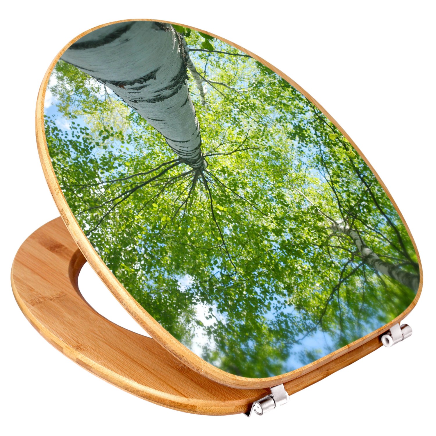 Banjado WC-Sitz aus Bambus mit Birkenwald-Motiv. Toilettendeckel aus Holz mit Universal-Scharnieren.