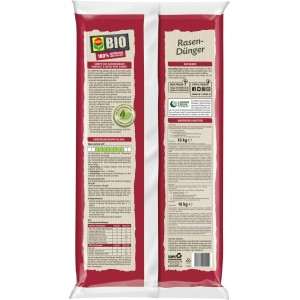 Verpackung Compo Bio-Rasendünger Unkraut & Moos Nein Danke! 10kg, Rückseite mit Anwendungs- und Inhaltsangaben.