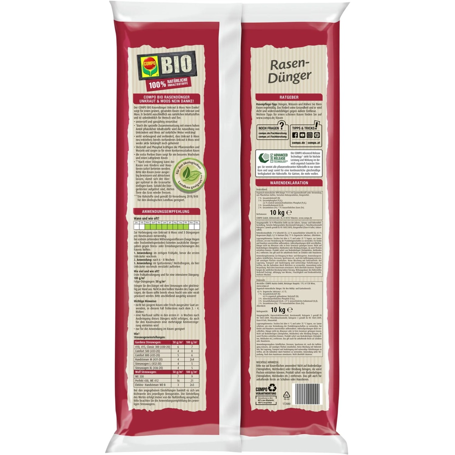 Verpackung Compo Bio-Rasendünger Unkraut & Moos Nein Danke! 10kg, Rückseite mit Anwendungs- und Inhaltsangaben.