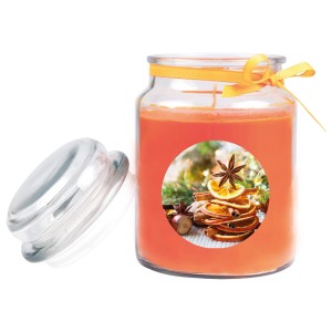 Orangefarbene Duftkerze im Glas mit Weihnachtsdekor und Schleife, 110h Brenndauer.