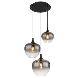 Schwarze Globo Hängeleuchte Maxy mit 3 rauchfarbenen Glasschirmen.