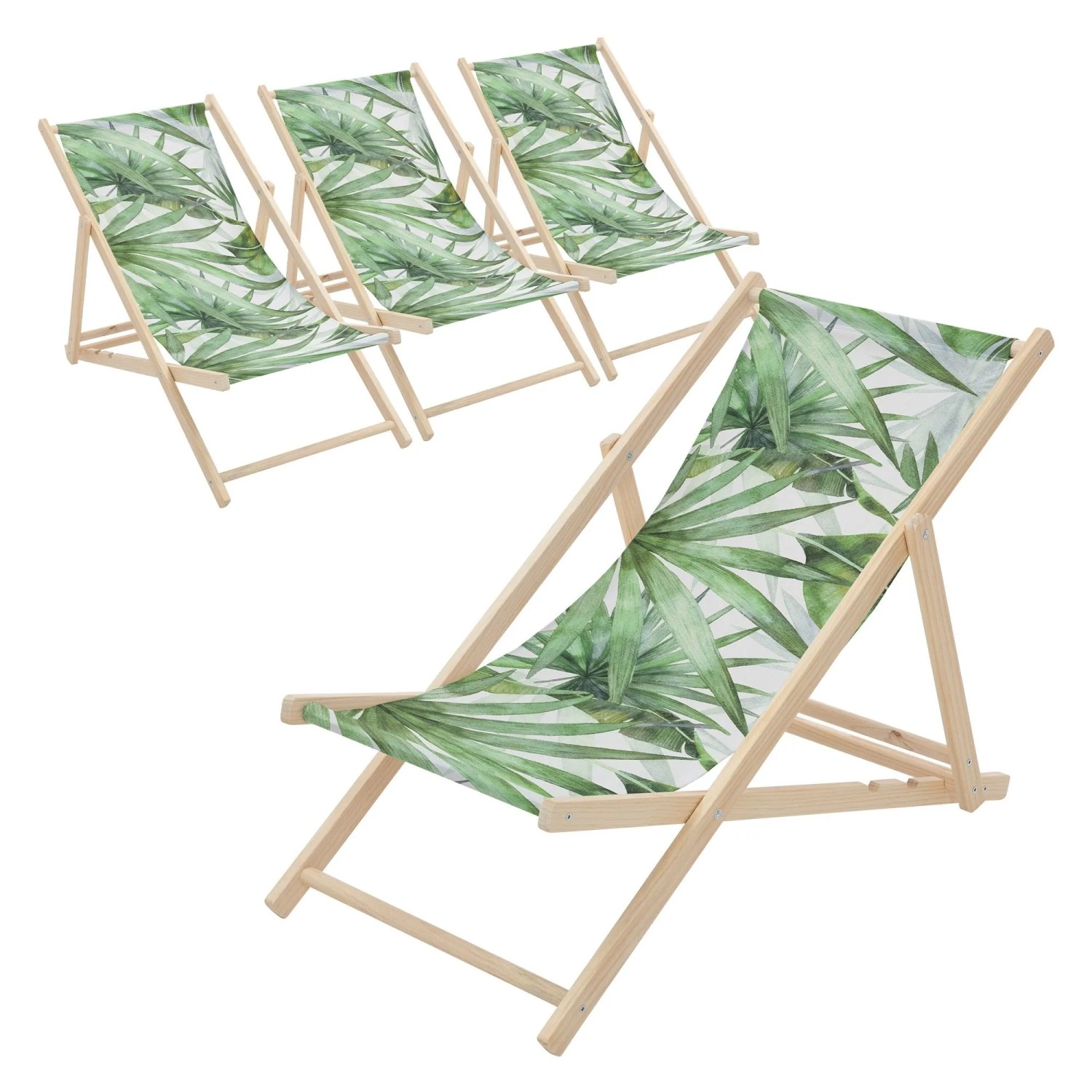 ECD Germany Liegestuhl 4Er Set Klappbar Palme Grün-Weiß aus Holz