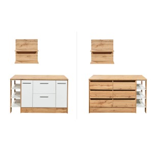 Respekta Kücheninsel Hilde 150 cm, weiß und Holzdekor, mit Hängeregal und Stauraum.