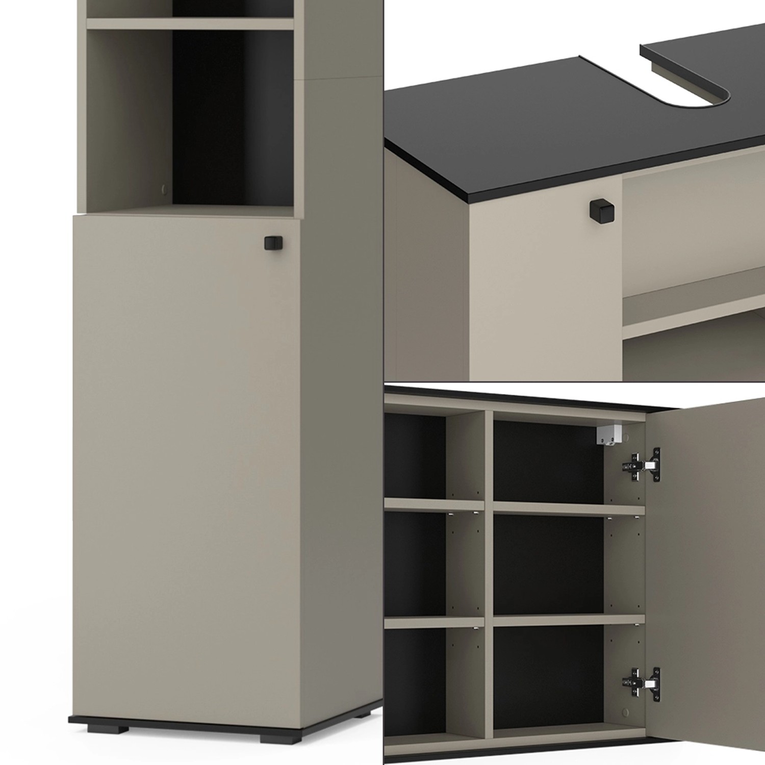 Vicco Badmöbel-Set Joli, 3-teilig in Greige: Hochschrank, Waschbeckenunterschrank und Spiegelschrank.