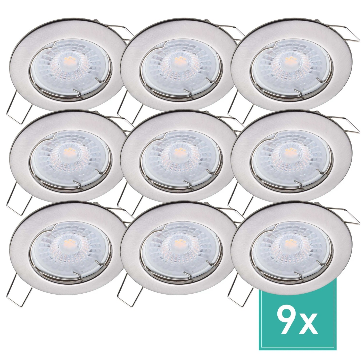 Oktaplex Sedan 9er Set Edelstahl-Optik LED-Einbaustrahler 3-Step-Dimmbar Warmweiß 2700K 4,8W 230V 60 mm Lochmaß Flach