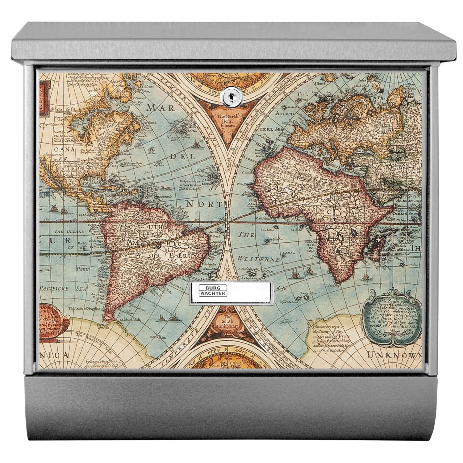 Edelstahl Briefkasten mit Zeitungsfach und historischer Weltkarte als Motiv.