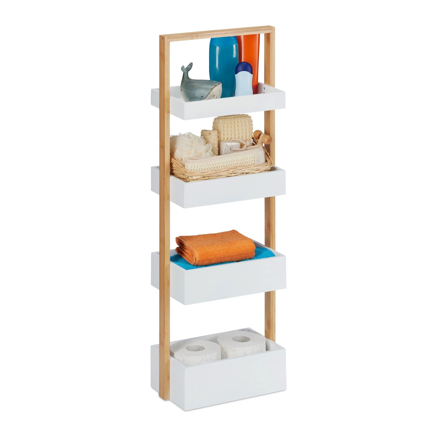 Relaxdays Badregal Bambus MDF Natur Weiß Mit 4 Ablagen 88 cm x 30 cm x 18 cm 2,7 kg