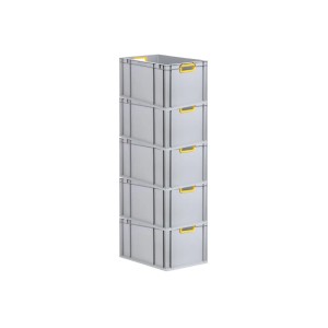 Stapel aus 5 grauen PROREGAL Euroboxen mit gelben Griffen, 65 Liter, für Lagerung und Transport.
