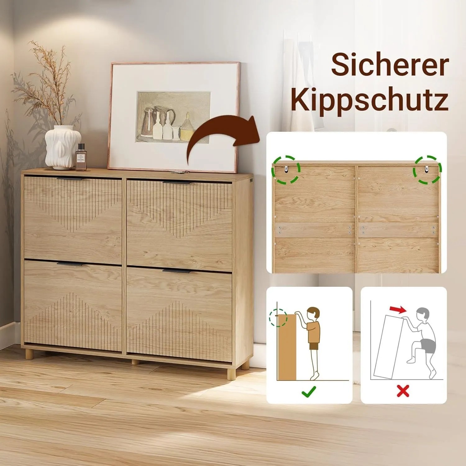 SoBuy Schuhschrank FSR214-N in Natur mit 4 Klappen und Kippschutz. Schuhregal für Flur, Holzoptik.