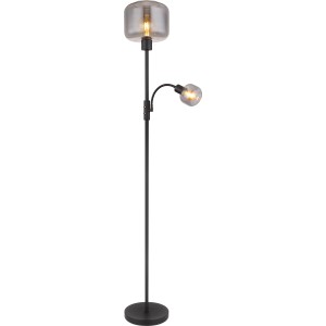 Globo Design-Stehlampe, 2-flammig, schwarz matt mit Rauchglas, 165cm hoch.