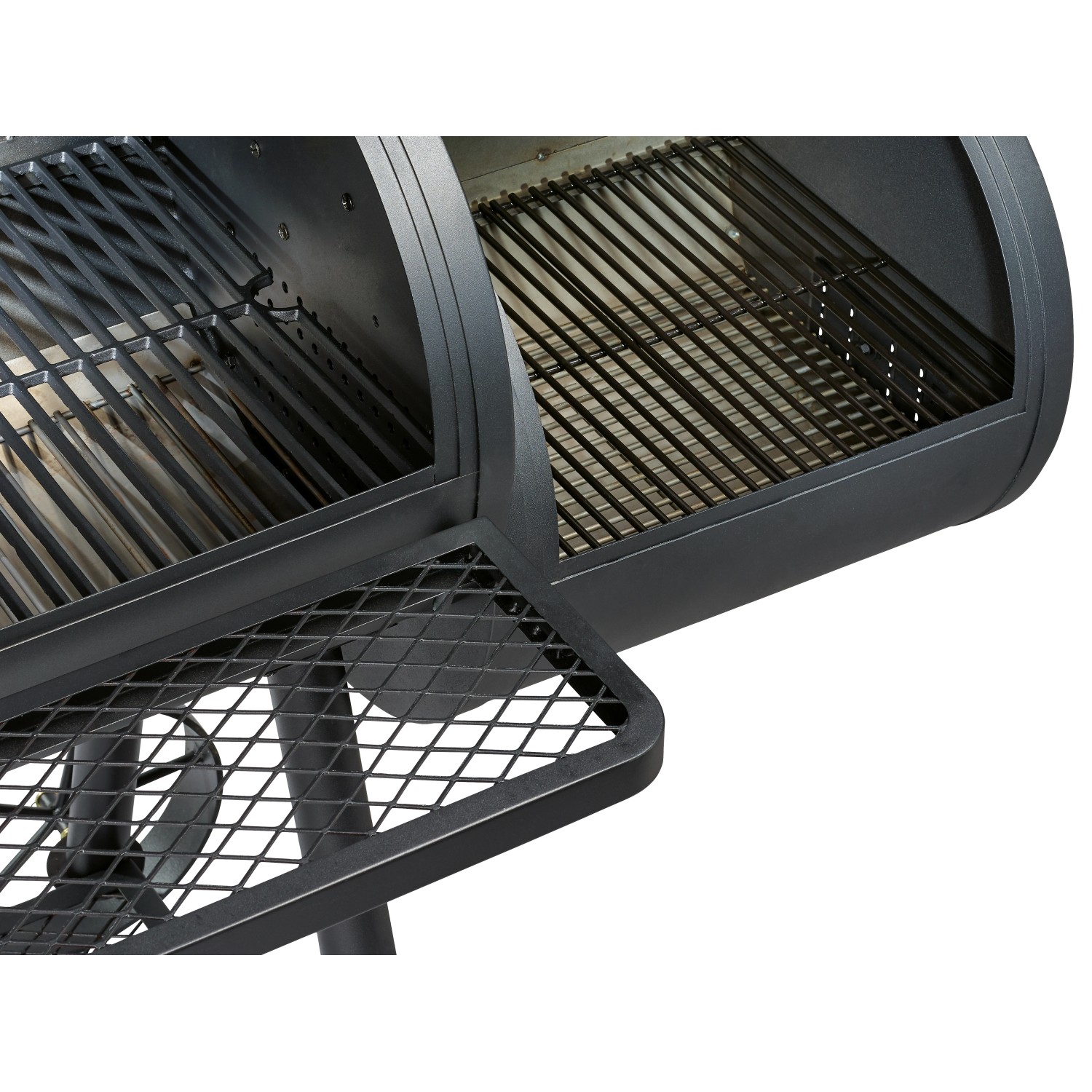 Detailansicht Jamestown Smoker Charlton Holzkohlegrill mit Ablagefläche und Grillrosten.