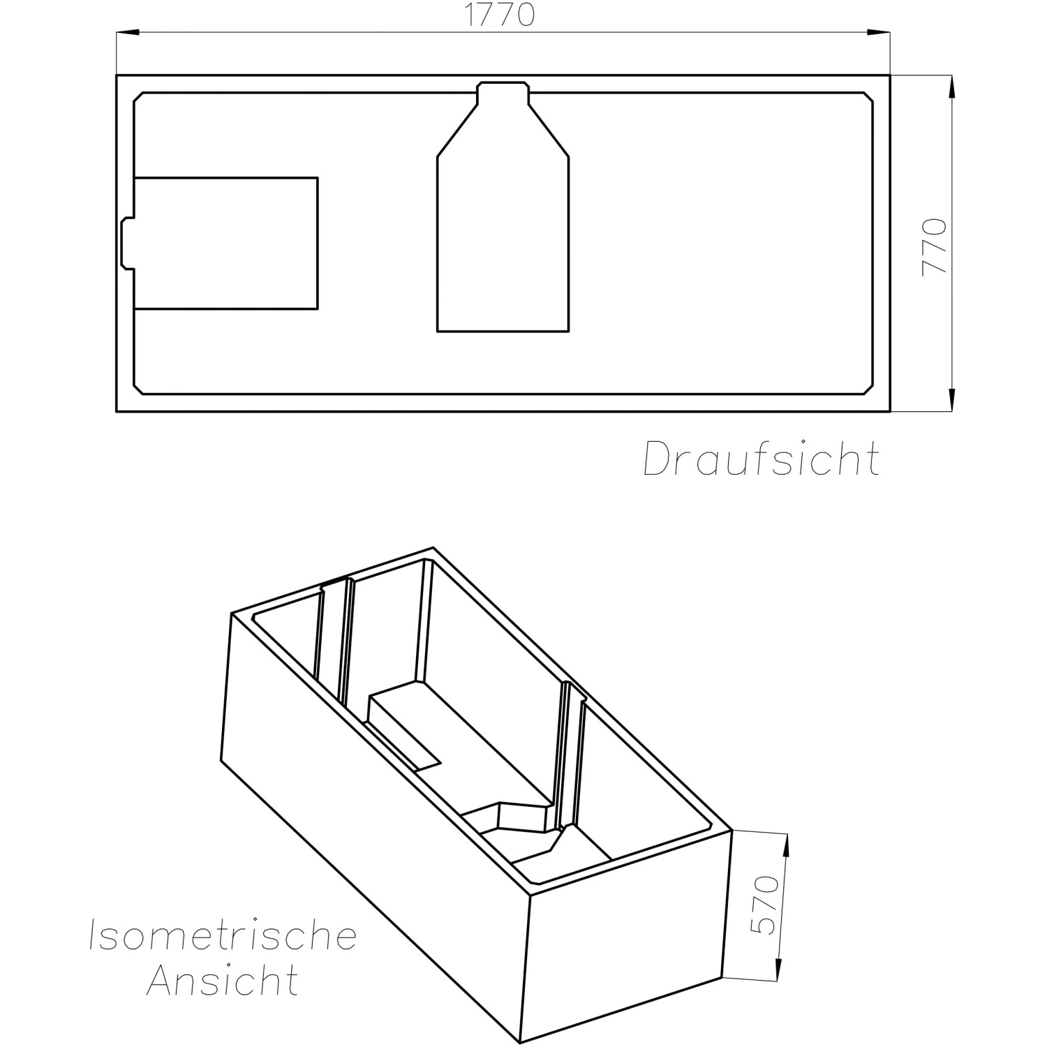 Technische Zeichnung Ottofond Wannenträger Rosa 180x80 cm, Draufsicht und isometrische Ansicht mit Maßen.