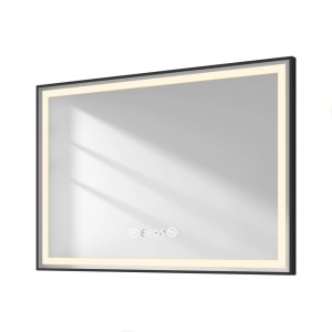 Emke Badspiegel 100x70cm mit LED-Beleuchtung, schwarzem Rahmen, Touch, Antibeschlag, Uhr und Temperaturanzeige.