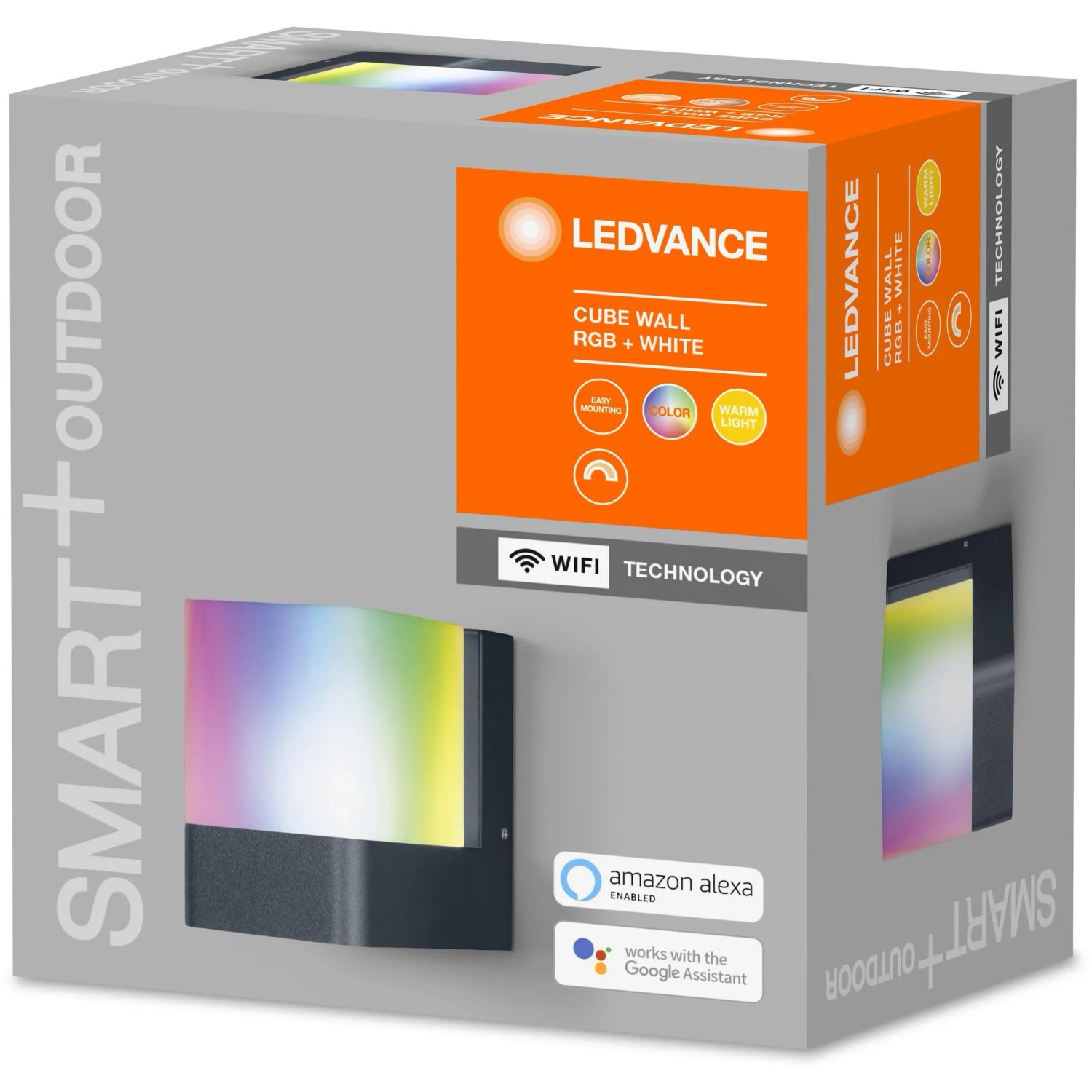 Verpackung der Ledvance Smart+ WiFi Außenwandleuchte Cube RGBW mit Farbwechsel.