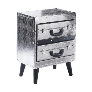 Kobolo Kommode Regal Nachttisch in Kofferoptik Silberfarben 2 Fächer Kunstleder und Holz