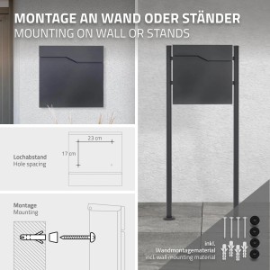 ML-Design Briefkasten Anthrazit mit Zeitungsfach, Montage an Wand oder Ständer.
