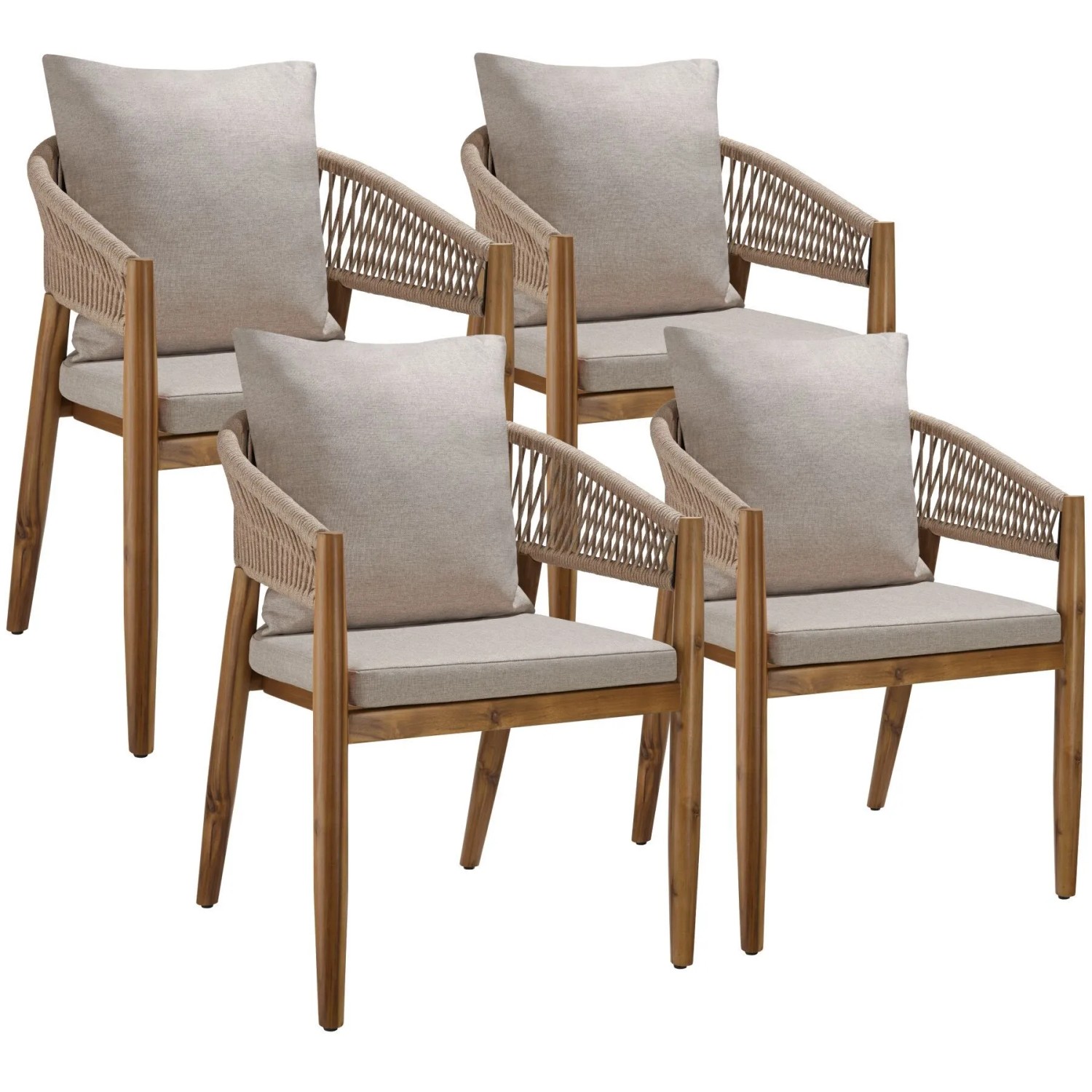 Tectake Gartenstuhl Manacor Lasiertes Akazienholz  Wetterfest Arm  und Rückenlehne Im Rope Design 4Er Set 58 x 59 x 76 50 cm Sand