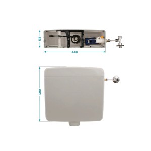 Calmwaters Aufputz-Spülkasten in Manhattan-Grau mit Spül-Stopp-Funktion und Maßangaben.