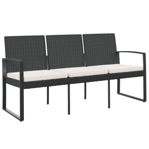 Schwarze 3-Sitzer Gartenbank aus Rattan mit cremeweißen Kissen von VidaXL.