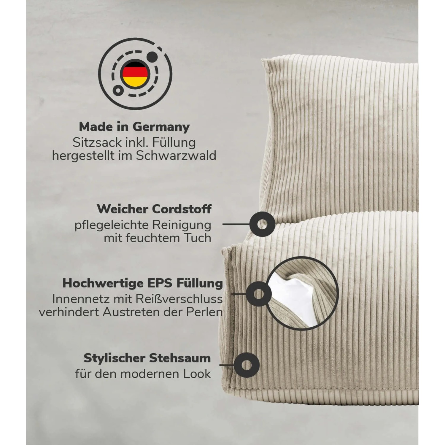 Beiger mokebo Sitzsack aus Cord, Detailaufnahme des Materials und der Füllung.