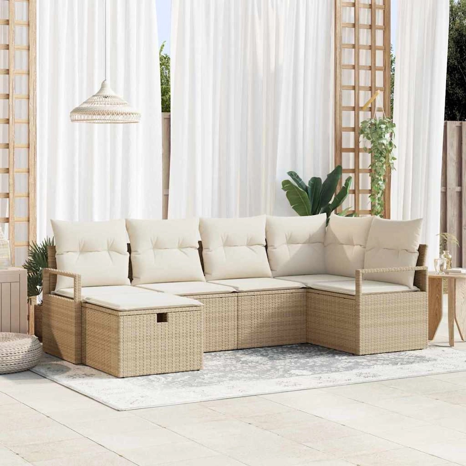 Beiges 6-tlg. vidaXL Garten-Sofa-Set aus Polyrattan mit Kissen und Stauraum.