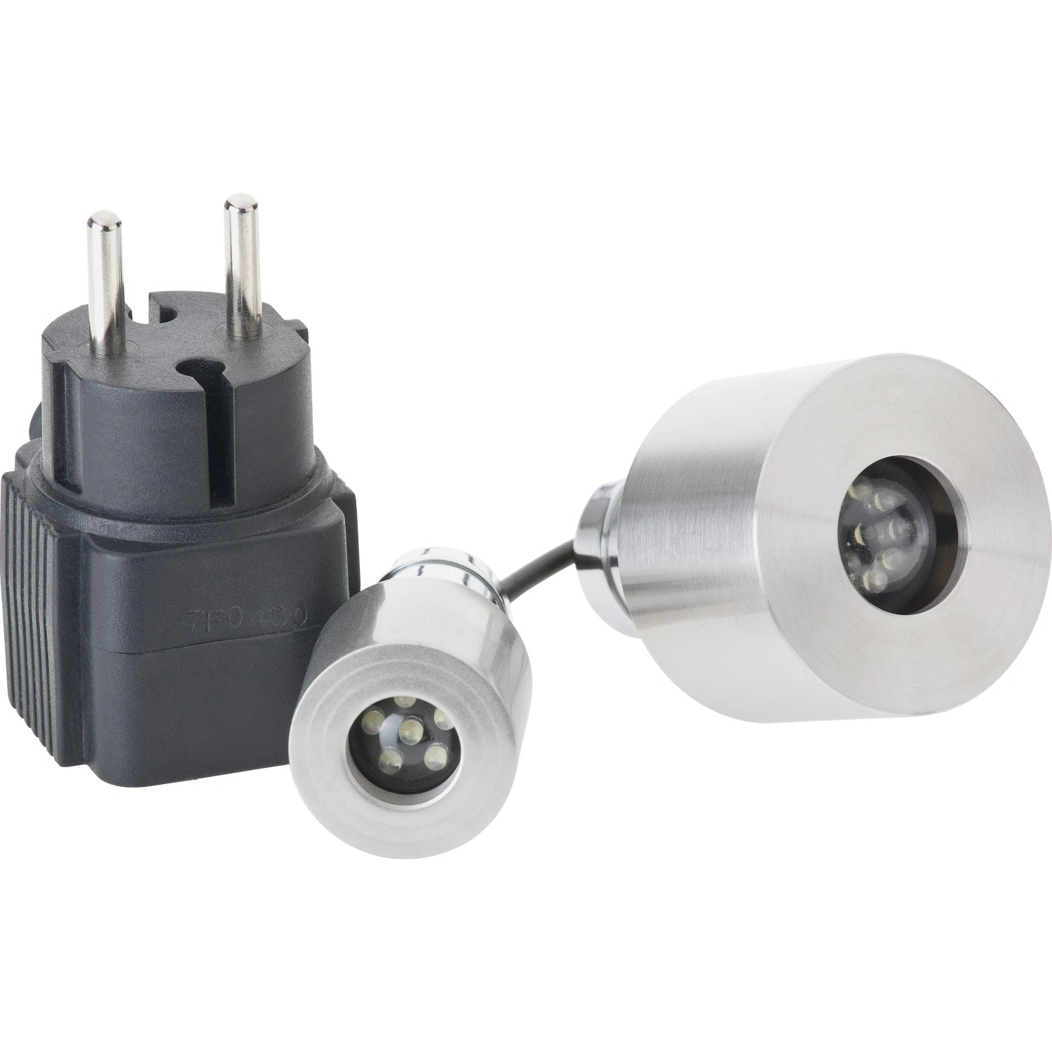 Oase LunaLed 6s LED-Scheinwerfer für Teiche mit Trafo und zwei Leuchten aus Edelstahl.
