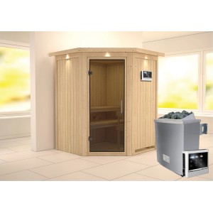 Karibu Sauna-Set Lyra mit Ofen, externer Steuerung und Glastür in Graphit.