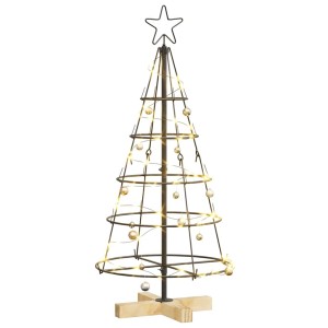 Schwarzer Stahl-Weihnachtsbaum in Kegelform, 90 cm, mit Stern, Lichterkette und Kugeln auf Holzständer. Moderne Deko.