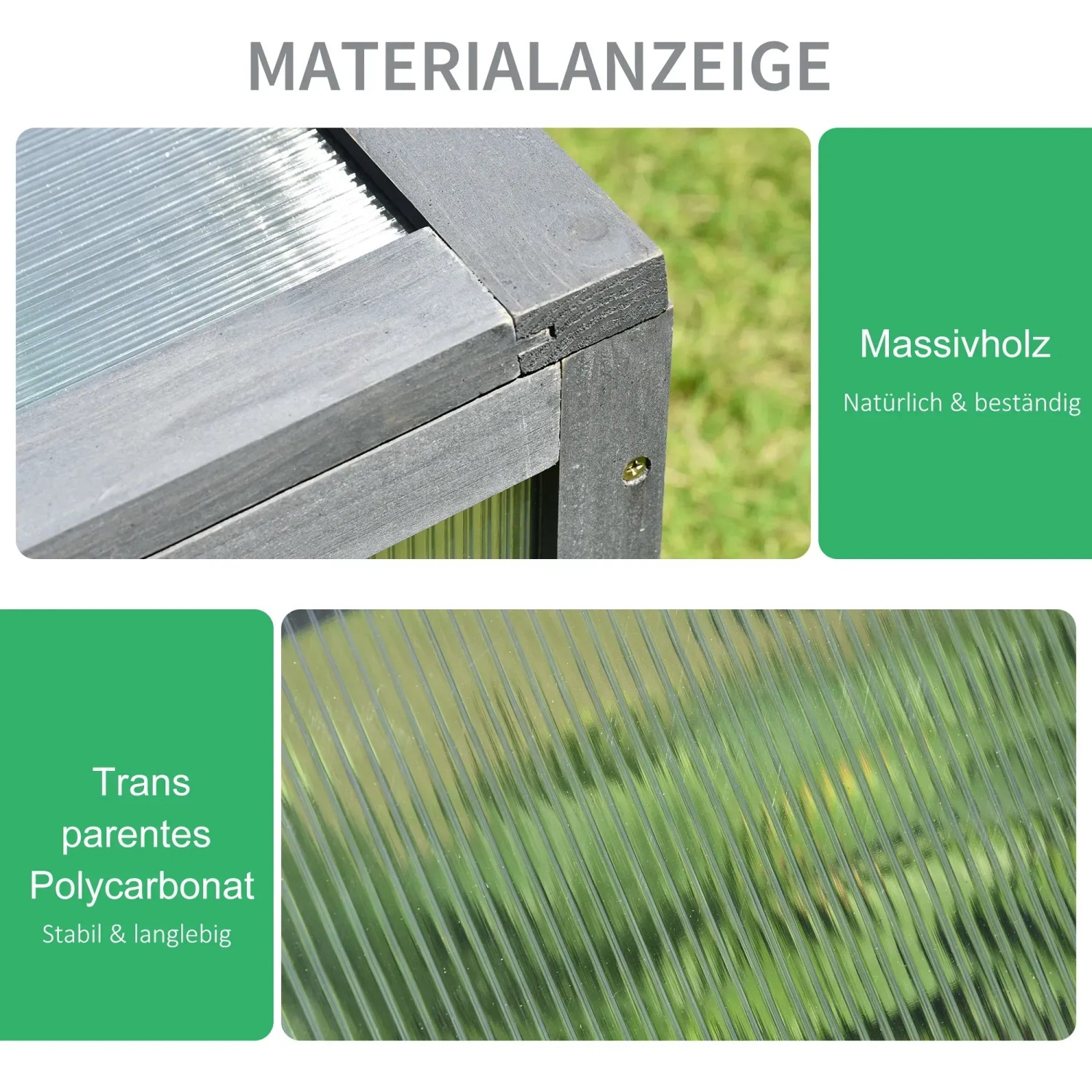 Detailansicht: Graues Outsunny Gewächshaus aus Tannenholz mit Polycarbonatplatten.