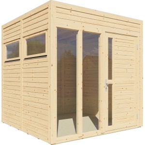Bertilo Holz-Gartenhaus Cubus 2 Office Natur mit Fenster und Tür aus Sicherheitsglas.