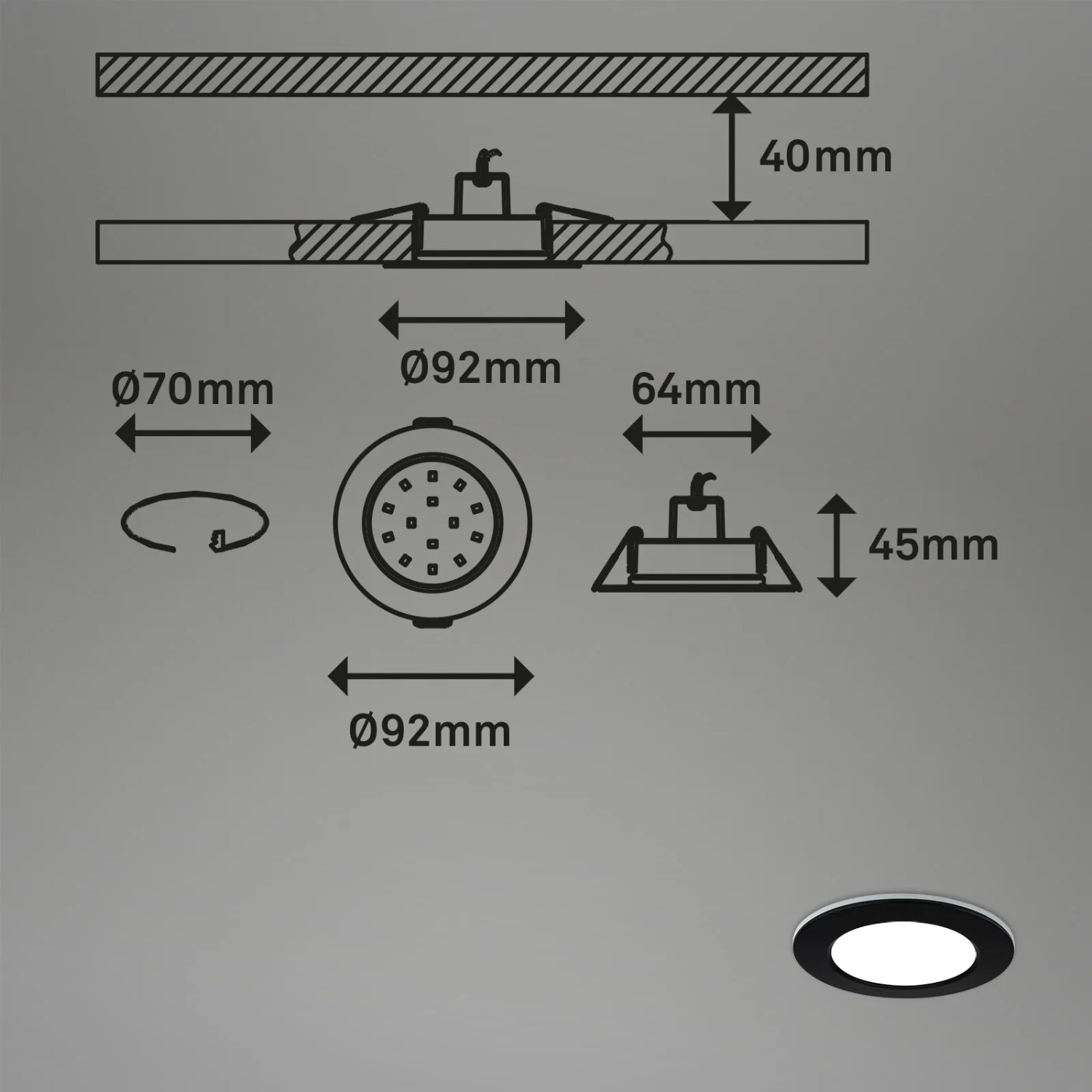 Skizze: Briloner LED Einbaustrahler Set, dimmbar, RGB CCT, IP65, Maße und Details.