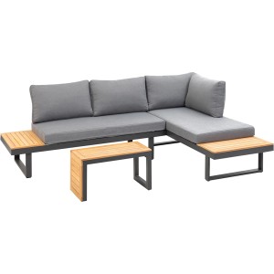 Greemotion Lounge-Set Samara, 3-teilig, Akazienholz mit grauem Kissen und Aluminiumgestell.