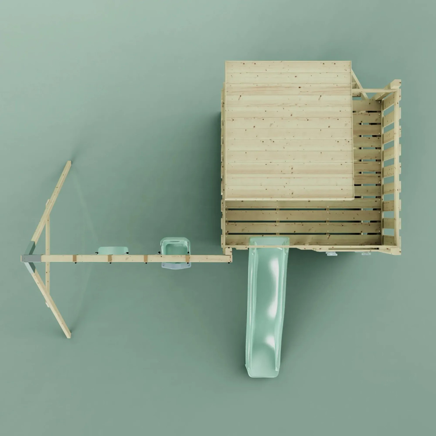 PolarPlay Spielturm Björn mit Babyschaukel und Rutsche, mintgrün, Vogelperspektive.