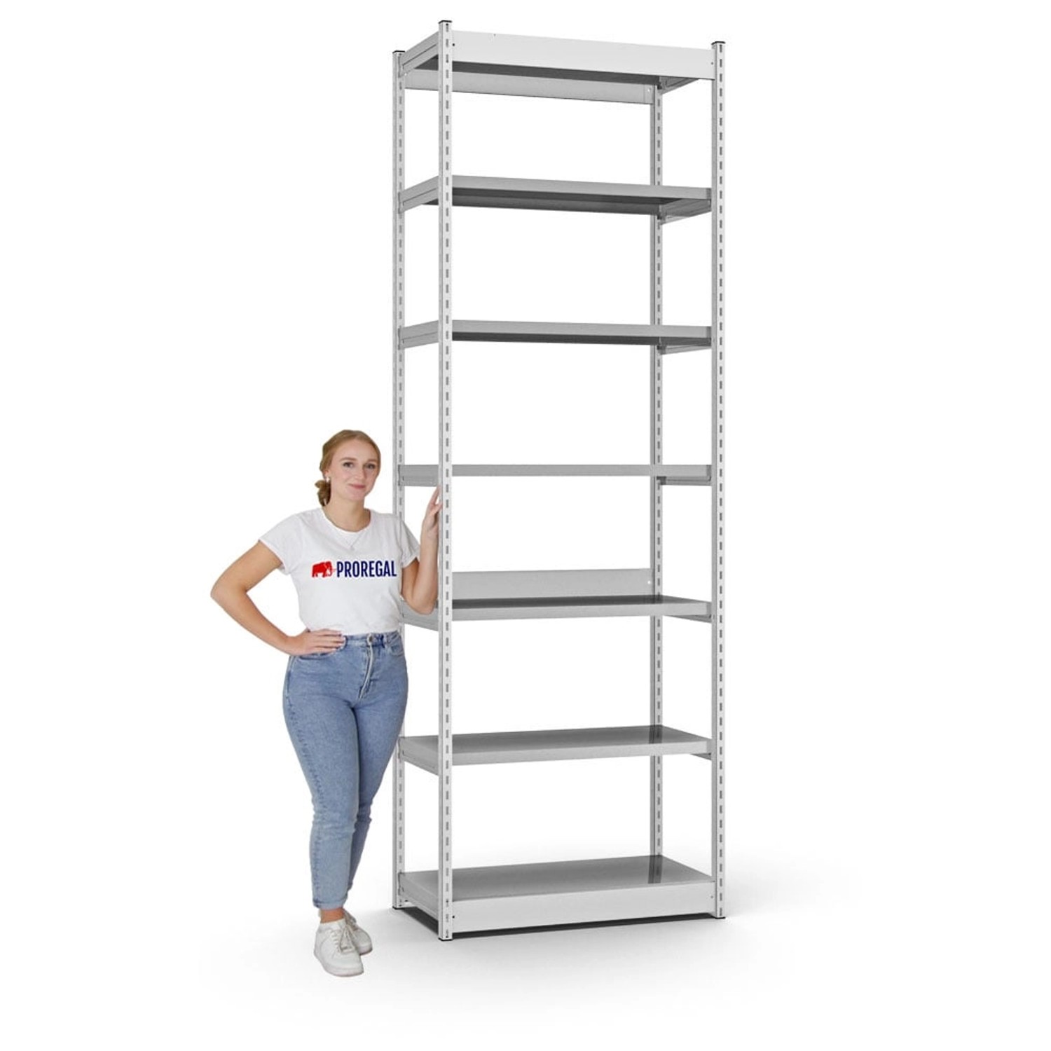 Lichtgraues PROREGAL Fachbodenregal mit 7 Ebenen, Stecksystem, einseitig, 300x132,5x80 cm.