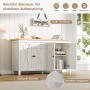 Weißes Merax Sideboard 140x40x78 cm mit heller Holzplatte, 4 Türen mit X-Muster. Offene Tür zeigt verstellbare Regalböden für Stauraum.