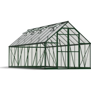 Grünes Palram Canopia Balance 8x20 Gewächshaus mit klaren Seitenwänden.