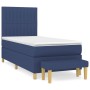 Blaues Boxspringbett 100x200 cm mit Matratze und Bank, Stoffbezug.