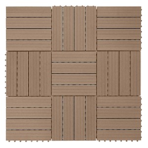 Quadrat aus MCW WPC Bodenfliesen in Holzoptik Teak, geeignet für Balkon und Terrasse.