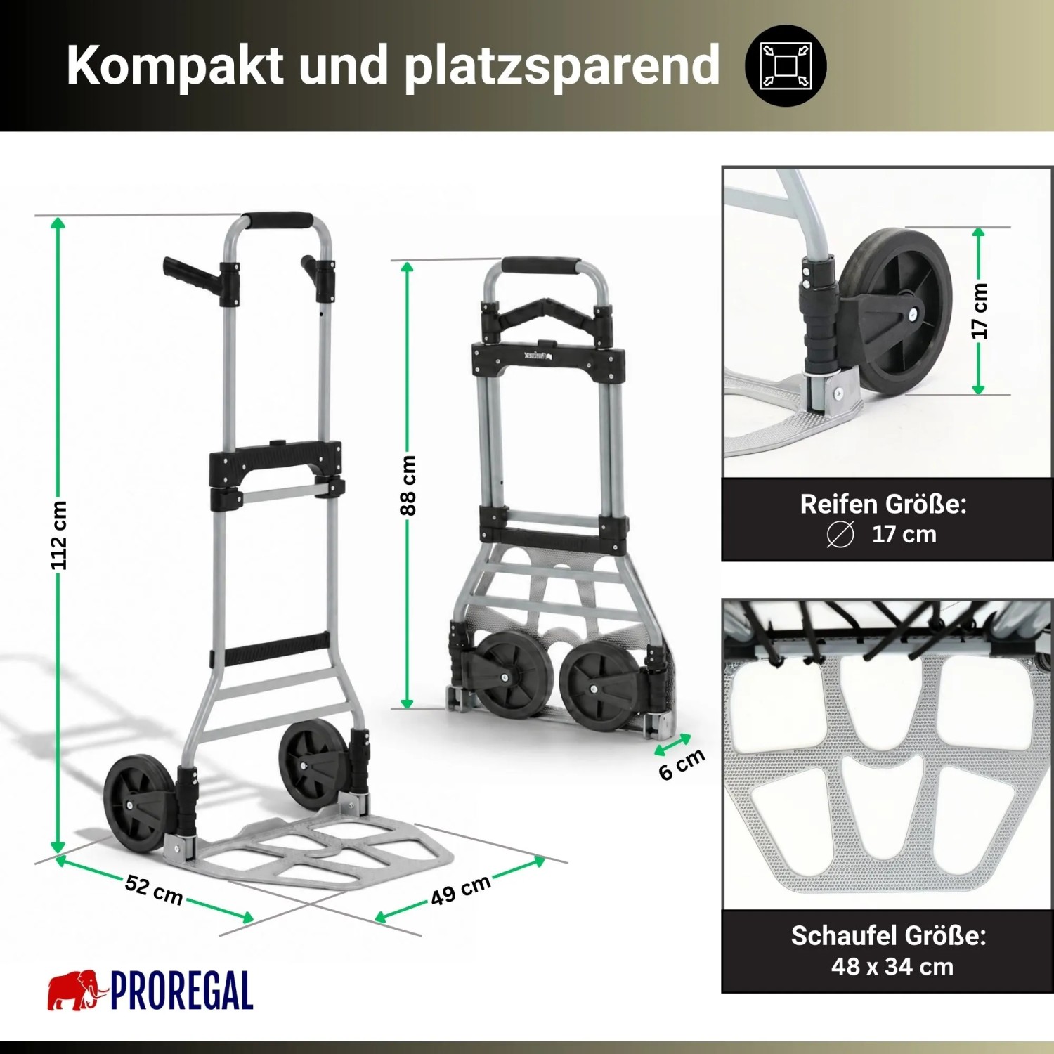 PROREGAL Klappbare Profi-Sackkarre ELEPHANT 112x49x52cm Traglast 150kg Aluminiumrahmen TRR Fachgummiräder Silber_6