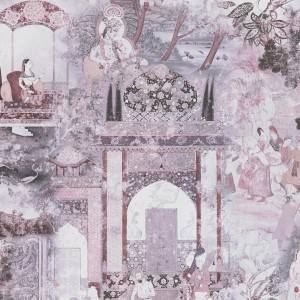 PROFHOME Asia Tapete mit Architekturmotiven in Rosa, Lila, Braun und Weiß. Dekorative Vliestapete.